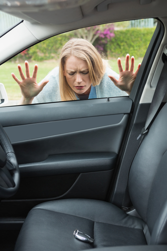 Woman,Forgot,Her,Key,Inside,Of,Her,Car locked out of car